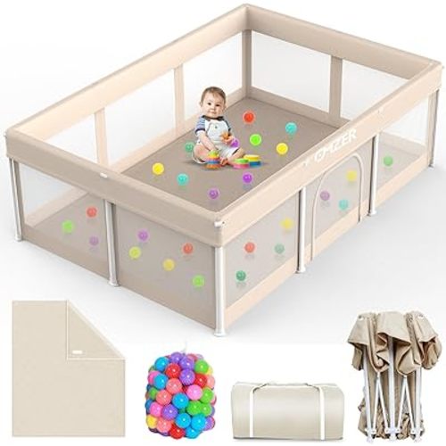 Omzer Foldable Baby Playpen 74"×50" - Playard for Babies and Toddlers Portable Safety Baby Fence Lightweight - No Installation Apricot