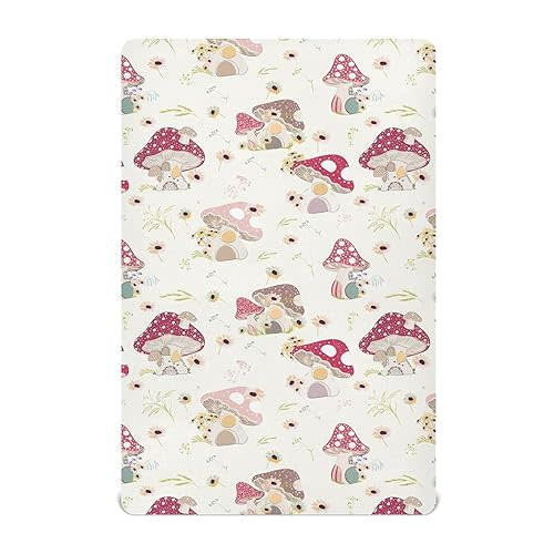KICPOAY Fitted Crib Sheets Mushroom with Daisy Stretchy Portable Playard Sheets for Baby Toddler, Breathable Soft Mini Crib Mattress 52 x 28 in for Boys and Girls