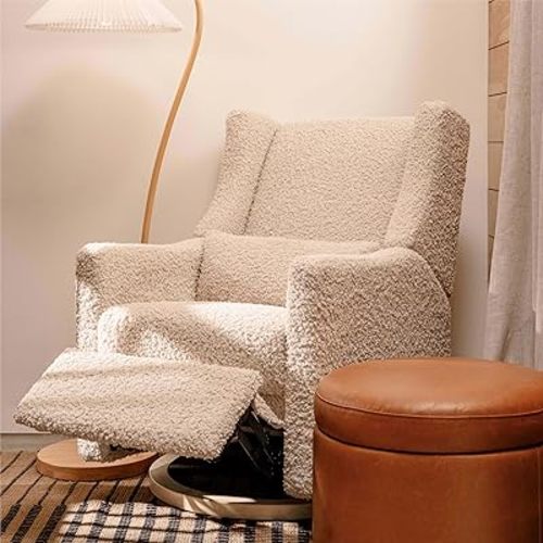 Babyletto Kiwi Glider Recliner Nursery Chair w/USB Ports - GREENGUARD Gold Certified - Water & Stain Resistant Glider Rocking Chair - Electronic, 270° Swivel, Almond Teddy Loop w/Light Wood Base