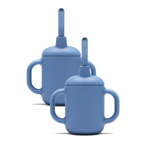 Lalo Little Cup 2-Pack, Non-Toxic Silicone Straw Cup with Handles - Baby and Toddler Sippy Cup - Mini Cup and Straw Training System, 4oz, Blueberry
