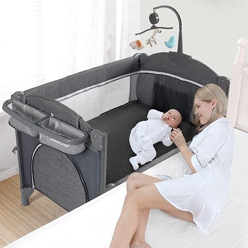 Jaoul 5 in 1 Baby Crib, Baby Bassinet Beside Sleeper, Pack and Play with Bassinet and Changing Table Portable Travel Baby Playpen with Toys & Music Box, Mattress for Boy Girl Infant Newborn Gray