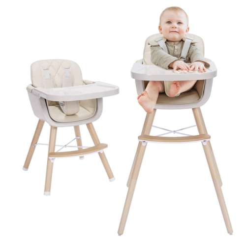 3-in-1 Convertible Wooden High Chair, High Chairs for Babies and Toddlers, Baby High Chair with Adjustable Legs & Dishwasher Safe Tray, Made of Sleek Hardwood & Premium Leatherette, Beige Color