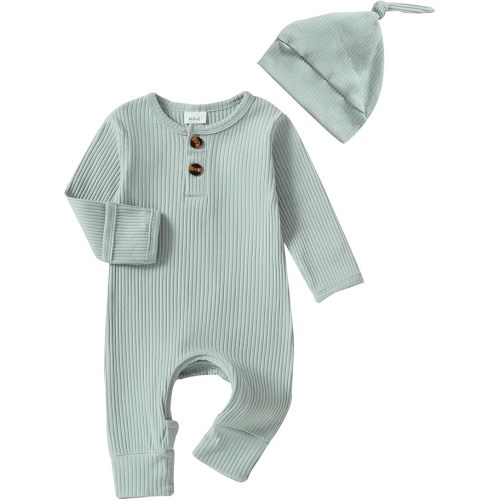 Infant Boys Girls Clothes Set Newborn Baby Romper Hat Ribbed Knit Long Sleeve Button Solid Bodysuit Jumpsuit