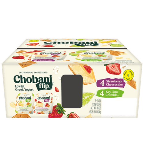 Chobani Flip Low-Fat Greek Yogurt Key Lime Crumble, Strawberry Cheesecake 4.5 oz 8 Pack