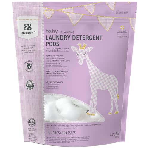 Grab Green Baby Laundry Detergent Pods, 50 Count, Dreamy Rosewood, Plant and Mineral Based, Formulated to Tackle Growing Baby (5 Months and Older) Laundry Stains