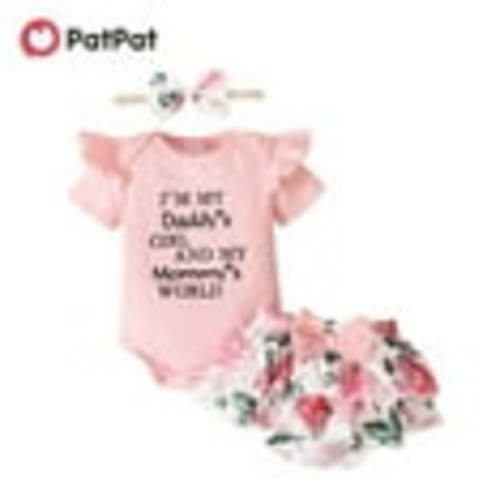 PatPat 3pcs Baby Girl 95% Cotton Short-Sleeve Letter Print Romper & Floral Print Layered Ruffled Shorts & Headband Set,0-18 Month