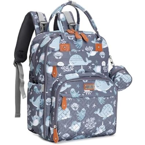 BabbleRoo Baby Diaper Bag - Laptop Backpack, Sea Animals, Unisex, 12"x8"x16.5", 26L