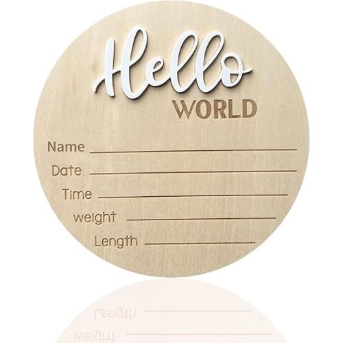 Baby Announcement Sign, ​5.9 Inch Wooden Hello World Newborn Signs, Birth Announcement Sign, Baby Shower Hospital Nursery for Newborn Boys and Girls (White)