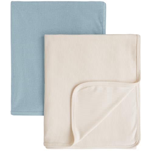 Konssy Knit Baby Blanket 2 Pack, Soft Ribbed Swaddle Receiving Blankets for Boys & Girls, Lightweight Cozy Swaddling Wrap for Newborns, Infants, & Toddlers, 33x42 Inch (Blue, Beige)