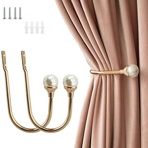 COCIVIVRE 2 Pack Curtain Holdbacks Wall Mounted Curtain Tiebacks Hooks Plastic Pearl U Shape Curtain Tiebacks with Screws Curtain Ties for Home Office-Gold