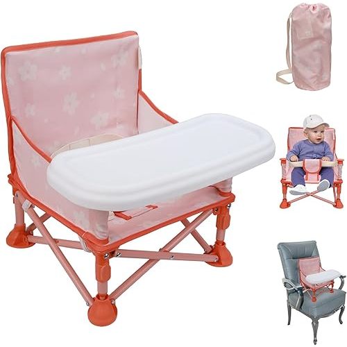 Tiny Marvels Portable 3-in-1 Baby Booster Seat, Cozy Floor Seat, Feeding Seat with Tray, Compact Foldable Toddler Booster with Child Safety Belt Carry Bag, Perfect for Travel (Blush Petals)