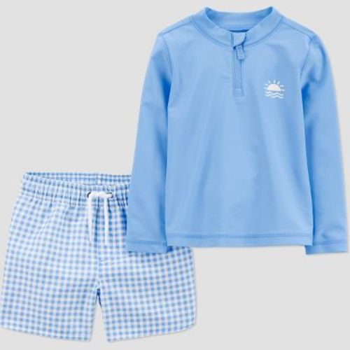 Carter's Just One You® Toddler Boys' Long Sleeve Gingham 2PC Rash Guard & Swim Trunk Set - Blue 18M