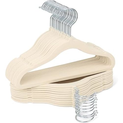 Sishynio Kids Velvet Hangers 30 Pack - Premium 11 Inch Slim Non-Slip Baby Flocked Hangers for Closet, Small Space-Saving Felt Hangers for Toddler & Childrens Clothes(Beige)