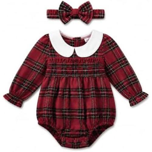 Renotemy Baby Girl Clothes Smocked Bubble Romper with Headband Peter Pan Collar Infant Fall Winter Outfit for Preemie Newborn