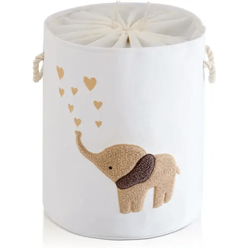 INough Baby Laundry Basket Laundry Hamper, Canvas 58L XL Baby Clothes Basket, Collapsible Brown Laundry Basket for Nursery Toy Baskets with Drawstring Closure, KidsRoom Decor for Boys