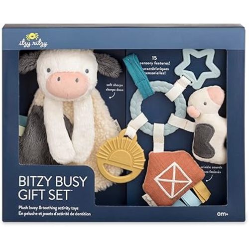Itzy Ritzy Farm Toy Gift Set - Includes Cow Lovey & Farm-Themed Busy Ring Car Seat and Stroller Toy - Features Crinkle Sounds, Engaging Textures & Silicone Teething Relief (Farm)
