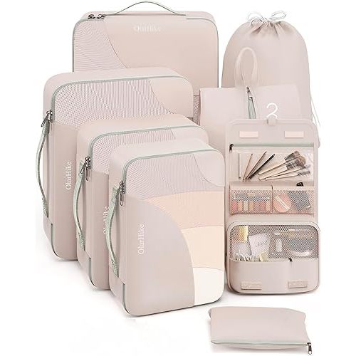 10 Set/8 Set Packing Cubes for Travel, Gifts for Women Mom,Anti-Tearing Suitcase Organizer for Luggage with Shoe & Hanging Toiletry Bag,OlarHike Vacation Essentials & Accessories for Cruise Ship,Cream