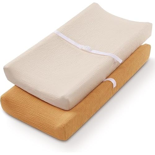 Blissful Diary Muslin Changing Pad Cover for Girls Boys, Ultra Soft Breathable Cotton, Baby Diaper Change Table Pad Covers, 2Pack (Retro Yellow&Beige)