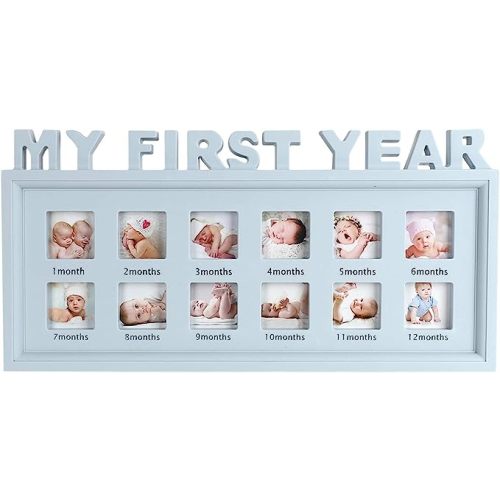 My First Year Picture Frames Baby Moments Keepsake Photo Frame Newborn Infant Collage Frame Boys Girls Shower Gift Wall Hanging 12 Month Frame for Room Wall Nursery Décor Elegant White Natural Wood - blue