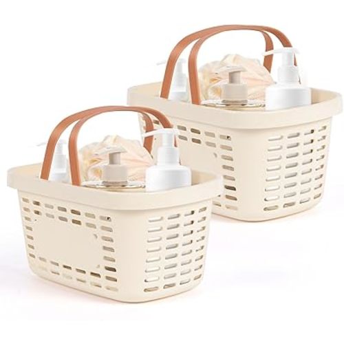 Plastic Shower Caddy Portable,Tote Storage Organizer Basket Bin with Handle for Bathroom,Dorm,College,Camp,Travel,2 Pack,Cream