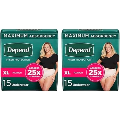 Depend Fit-Flex Adult Incontinence Underwear for Women, Disposable, Maximum Absorbency, Extra-Large, Blush, 15 Count (Pack of 2)