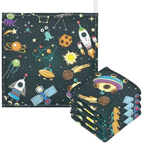 Planet Rockets Aliens Baby Muslin Washcloths Set of 5 Outer Space Theme Burp Cloths Soft Absorbent Baby Wash Cloth Fingertip Face Towels for Newborn Boys Girls 12 x 12 Inch