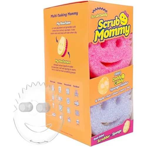 Scrub Daddy 6 Scrub Mommy Kitchen Sponges & 1 Daddy Caddy Sponge Holder - Scratch-Free for Dishes & Multipurpose Cleaning - BPA Free & Made with Polymer Foam - Stain & Odor Resistant