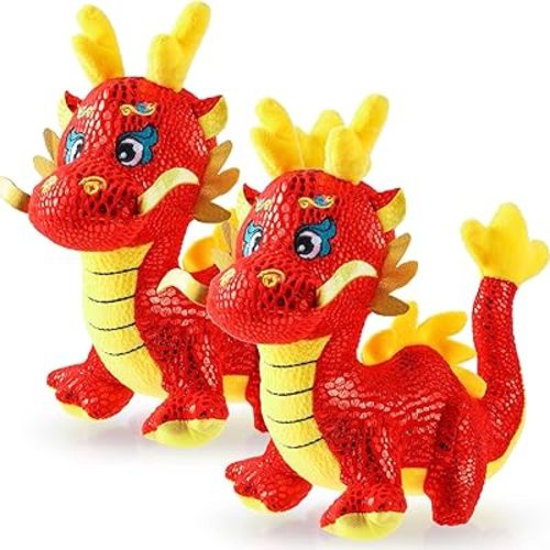2 Pcs Chinese Dragon Plush 2025 Year of The Dragon Stuffed Animal Plush Chinese New Year Plush Decoration Mascot Doll Plushies for Spring Festival Bedtime Gift Bed Rest Chair Table Decoration(Lucky)