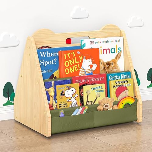 Solid Pine Wood Kids Bookshelf, Double-Sided Nursery Book Shelves, Portable Toddler Bookshelf, Montessori Bookcase, Book Shelf for Kids Rooms, Childrens Book Storage Display for Bedroom Classroom