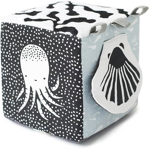 Wee Gallery Soft Block, Ocean - Sensory Stimulation Baby Toy, High Contrast for Vision, Organic Fabric, Crinkle Flap, Textures, Tags to Grip, Tummy Time Activity for Babies Ages 0-3-6-9-12-24 Months