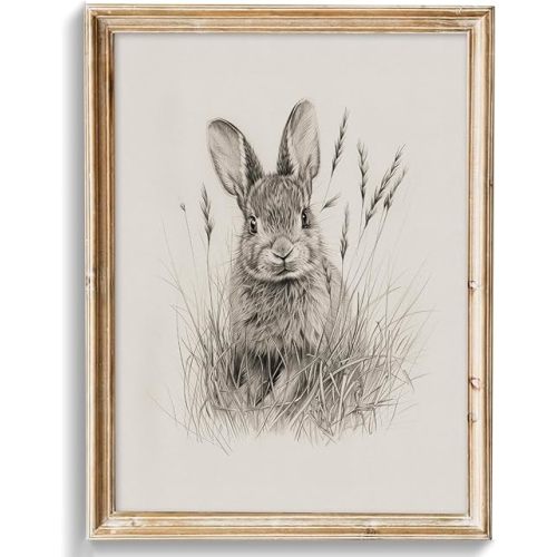 uniro Neutral Wall Art  Bunny Wall ArtDecor, Vintage Rabbit Canvas Oil Painting Poster for Rustic Easter Décor, Country Farmhouse Wall Decor Vintage Rabbit Sketch Drawing Art Pictures for Bedroom Gallery Office Bathroom Decor( 8" x 10"-UNFRAMED)