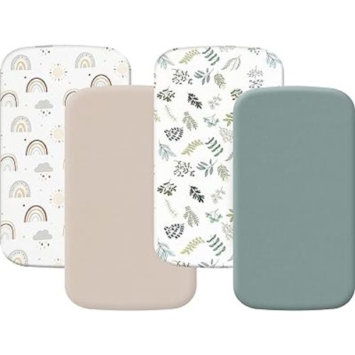 4 Pack Bassinet Fitted Sheets Compatible with 19" x 33" Koolababy/Koolerthings, Cowiewie and IKOMZY Baby Bassinet, Soft and Skin-Friendly, Mint Green and Color Rainbow