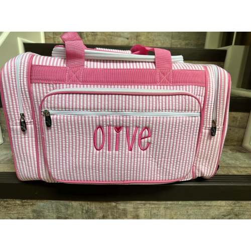 Monogrammed seersucker duffel bag or cosmetic case, personalized seersucker kids overnight bag, kids travel bag, sport sleepover daycare bag