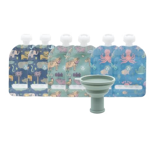 WeeSprout Double Zipper Reusable Food Pouches, Perfect for Babies & Toddlers, Freezer & Dishwasher Safe (Animals, 3.4 Fl Oz (Pack of 6) + Pouch Filler)
