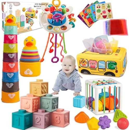 Baby Toys 6 to 12 Months, Montessori Toys for 1 Year Old, Silicone Pull String Teething Toy, Stacking Building Blocks Infant Toddler Toy 0-3, Color Shape Bin Sensory, Baby Boys&Girls Gifts