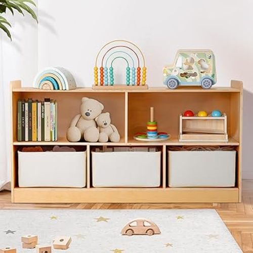 Montessori Shelf, Wooden Toy Storage Organizer for Books Toys, 2 Shelf Bookcase, 5-Section Storage Cabinet, Toddler Book Shelf for Kids Rooms, Playroom, Nursery (Natural with Storage Boxes)