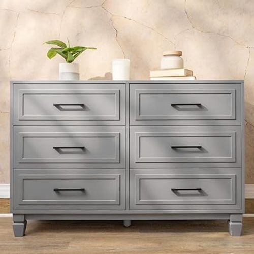 Farmhouse Dresser for Bedroom, 6 Drawer Dresser with Unique Solid Wood Legs, Modern Wide Chest Dressers for Clothes, Closet, Living Room, Grey