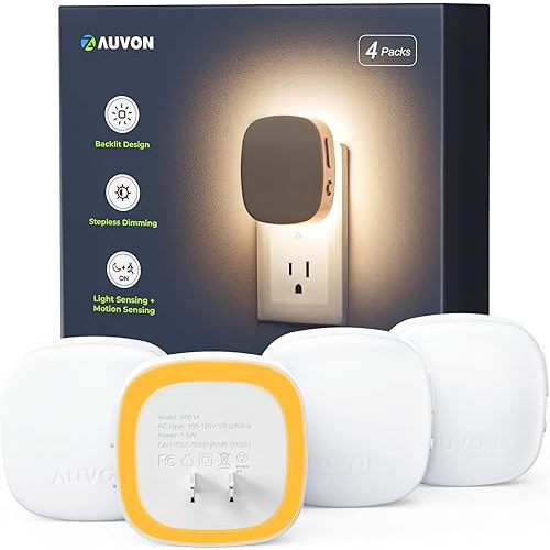 AUVON Plug-in LED Backlit Night Light with Motion Sensor & Dusk to Dawn Sensor, Dimmable Amber Nightlight with 1-50 lm Adjustable Brightness for Bedroom, Bathroom, Stairs, Hallway (4 Pack)
