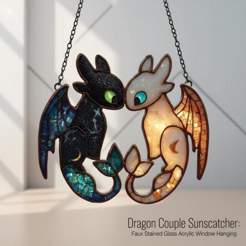Dragon Couple Faux Stained Glass Suncatcher, Toothless And Light Fury Acrylic Window Hanging, Mythical Fantasy Lover Gift Decor