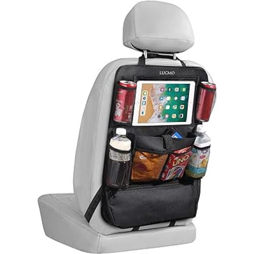 LUCMO Car Backseat Organizer with Touch Screen Tablet Holder,9 Storage Pockets Car Storage Organizer,Car Seat Back Protectors Kick Mats Travel Accessories for Kids-Black