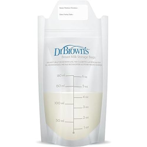 Dr. Brown’s Breast Milk Storage Bags, Disposable and Durable Bags for Freezing & Heating Breast Milk, (100 ct) 6 oz Bags, BPA free