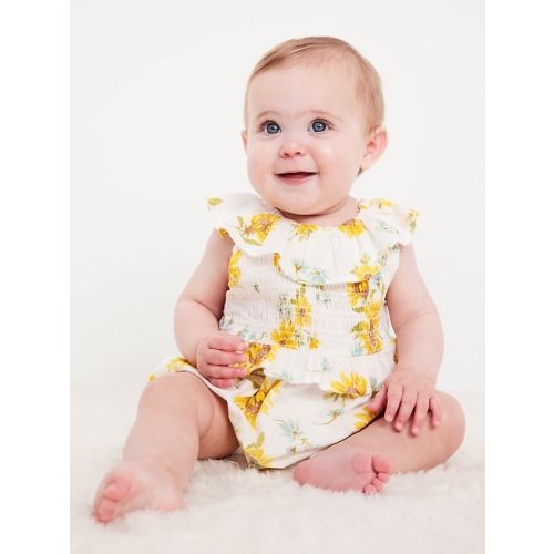 Sleeveless Ruffle-Trim Smocked One-Piece Romper for Baby