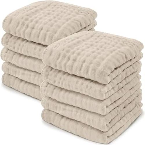 Baby Washcloths, Muslin Cotton Baby Towels, Large 10”x10” Wash Cloths Soft on Sensitive Skin, Absorbent for Boys & Girls, Newborn Baby & Toddlers Bibs & Burp Cloths Essentials Set (Sand, Pack of 10)