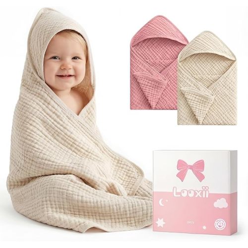 Looxii Baby Bath Towels 2 Pack Muslin Hooded Baby Towels for Newborn and Infants, 100% Cotton, Large 32x32Inch, Soft and Absorbent Beige+Pink
