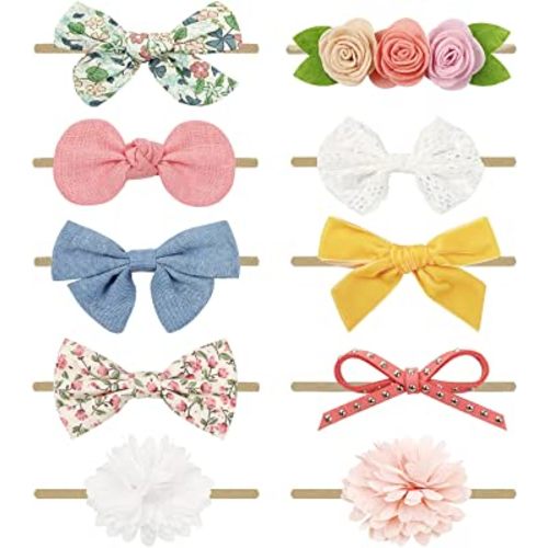 DRESHOW BQUBO Baby Girl Headbands with Bows Nylon Hairbands Handmade Hair Accessories for Newborn Infant Toddlers 10 Pack