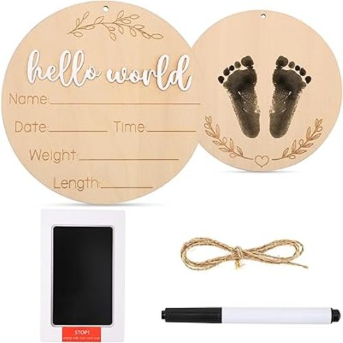Wooden Baby Announcement Sign, 5.9 inch Hello World Newborn Sign with Ink Pad & Marker, Newborn Sign Board Newborn Announcement Sign for Hospital Nursery Photo Prop