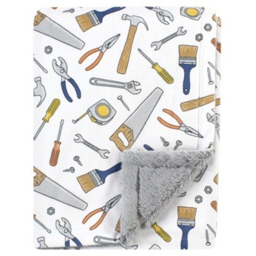 Hudson Baby Infant Boy Plush Blanket with Furry Binding and Back, Construction Work, One Size