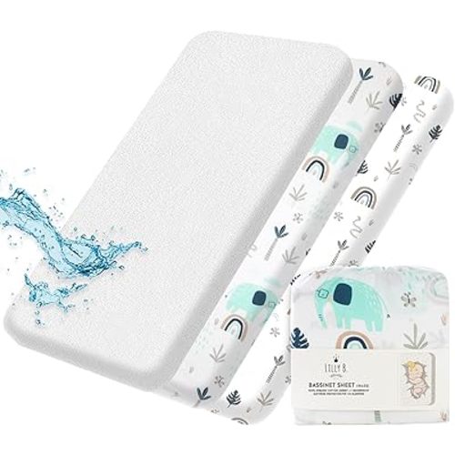 Lilly B. Organic GOTS Set Fitted Sheets 2+1 Waterproof Protector fits All Shapes up to 17x33 Certified by GOTS & OEKOTEX Neutral Gender for All bassinets (Elephant)