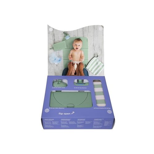 Ubbi On-The-Go Diapering Gift Set, Includes Changing Mat and Bag, Wipes Dispenser, Pacifier Holder and Bag Dispenser, Newborn Essentials, Sage