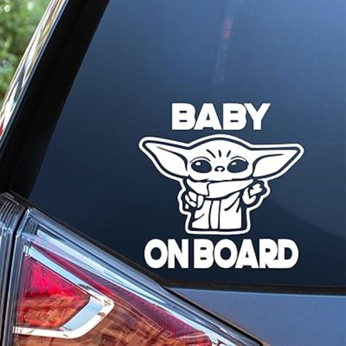 Sunset Graphics & Decals Baby Yoda On Board Decal Vinyl Car Sticker Funny | Cars Trucks Vans Walls Laptop | White | 5.5 inches | SGD000326